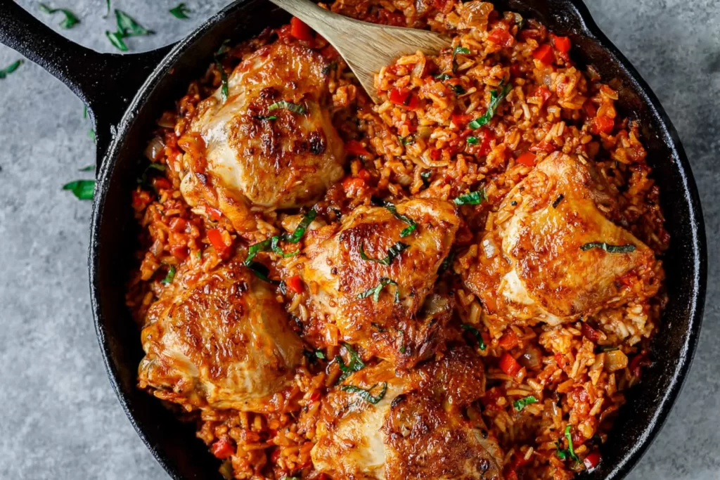 Куриные бедра на сковородке с рисом